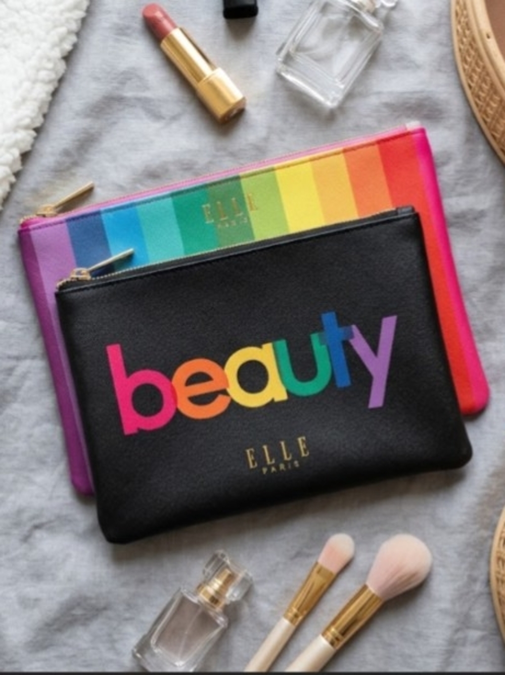 ELLE Paris Rainbow 'Beauty' Cosmetic Pouch Set - Black & Rainbow